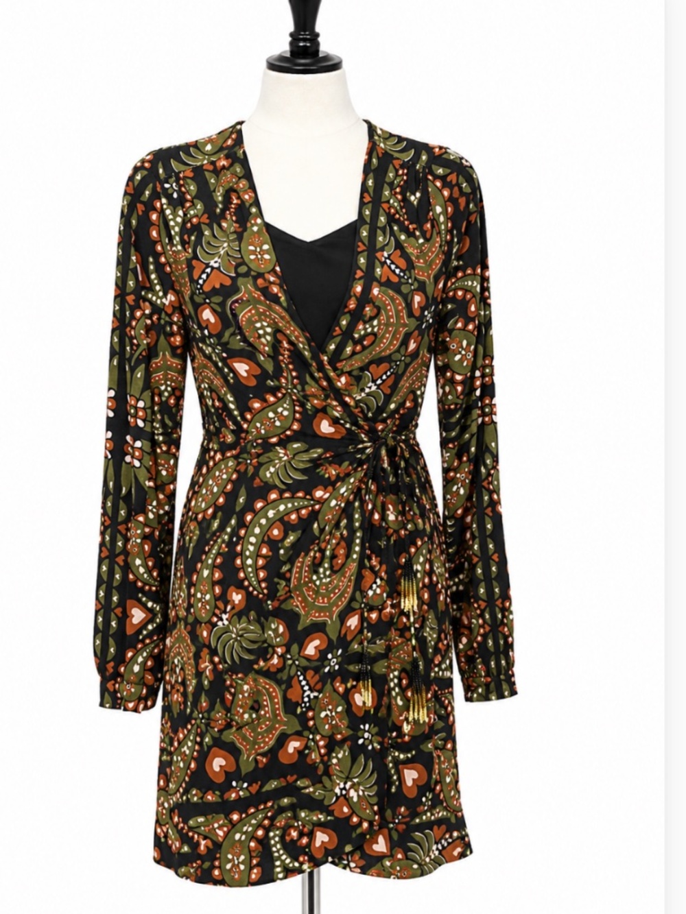 Farm Rio NWT Printed Mini Dress XXS Long Sleeve Beaded Tie Waist Statement Boho